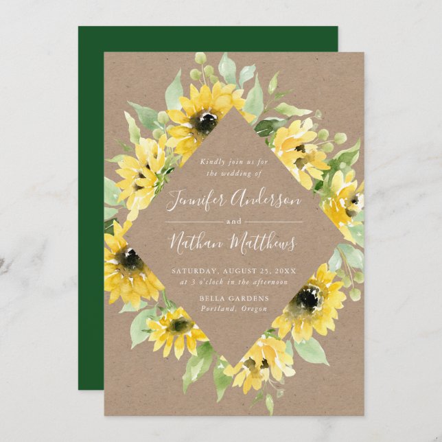 Wasserfarben Sonnenblumen Blumenrahmen Rustikale H Einladung (Vorne/Hinten)