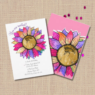 Wasserfarben-Sonnenblumen-Blumenrosa-und-lila-Gebu Einladung