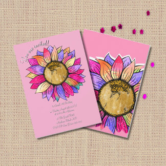 Wasserfarben-Sonnenblumen-Blumenrosa-und-lila-Gebu Einladung
