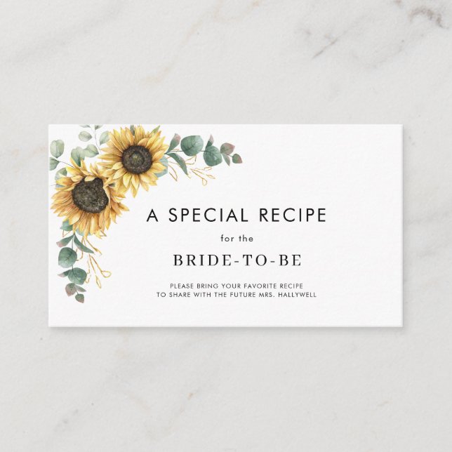 Wasserfarben Sonnenblumen Brautparty Rezept Begleitkarte (Vorderseite)