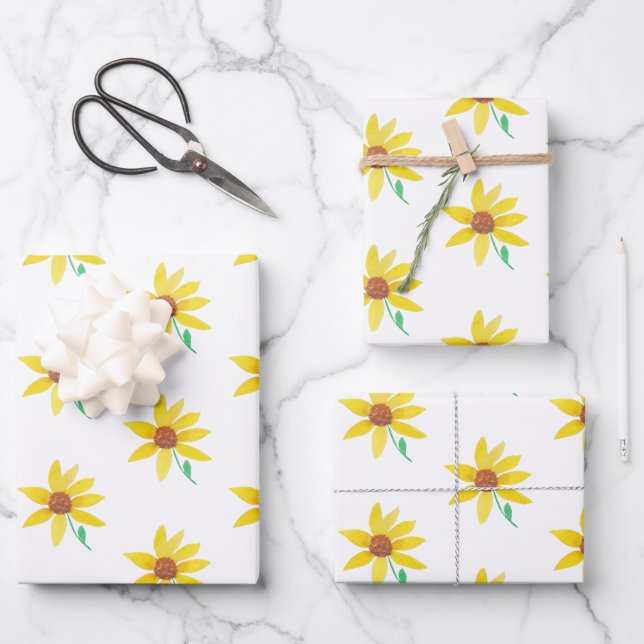 Wasserfarben Sonnenblumen Handgemalt Hübsches Must Geschenkpapier Set (Vorderseite)