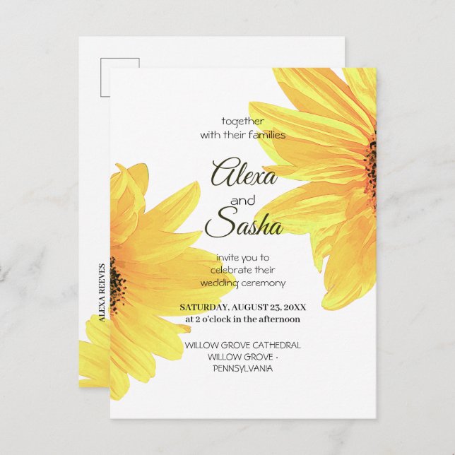 Wasserfarben Sonnenblumen Hochzeit Einladung Postk Postkarte (Vorne/Hinten)