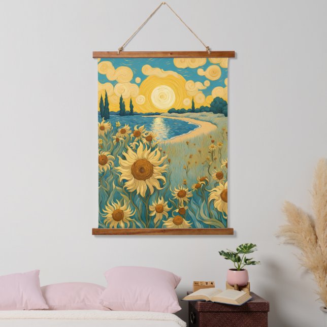 Wasserfarben Sonnenblumen Landschaft im Van-Gogh-S Wandteppich Mit Holzrahmen (Schlafzimmer)