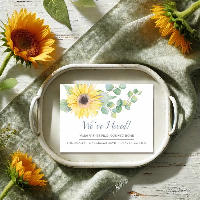 Wasserfarben Sonnenblumen Neue Zuhause Moving Ankü Begleitkarte (Sunflower moving announcement cards unique watercolor art by Victoria Grigaliunas VG Invites)