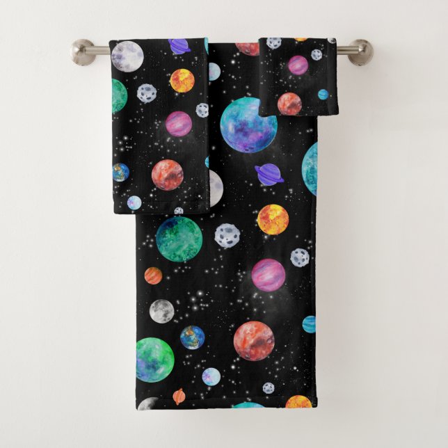 Wasserfarben-Sonnensystem Weltraumplaneten Galaxie Badhandtuch Set (Insitu)