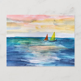 Wasserfarben Sonnenuntergang mit Segelbooten Feiertagspostkarte