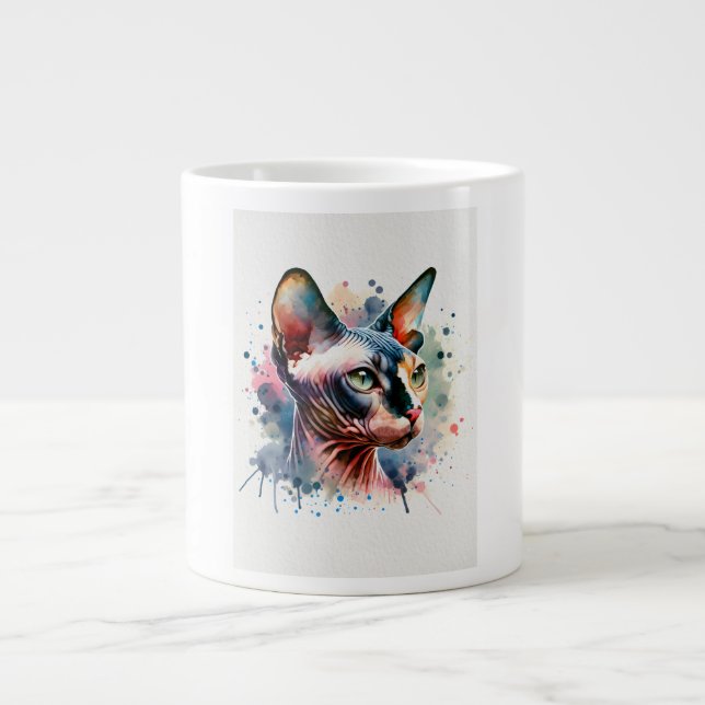 Wasserfarben-Sphynx-Katze Künstliches Portrait Jumbo-Tasse (Vorderseite)