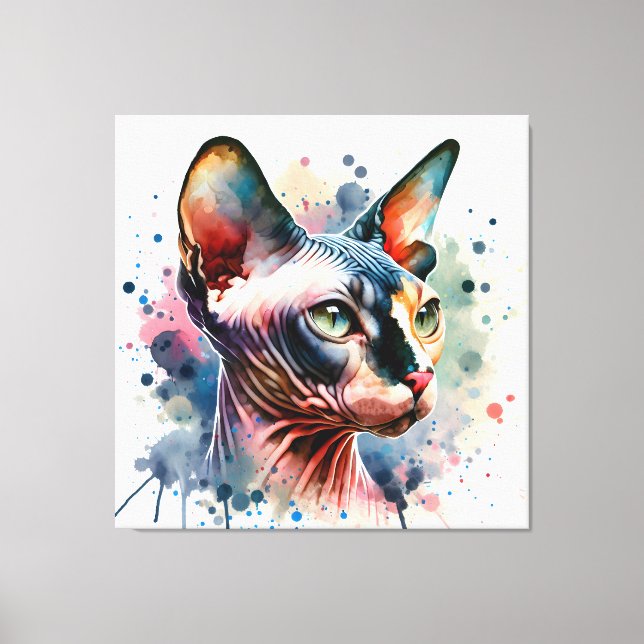 Wasserfarben-Sphynx-Katze Künstliches Portrait Leinwanddruck (Vorderseite)
