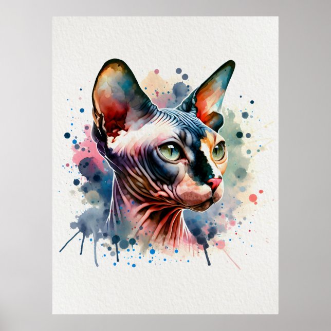 Wasserfarben-Sphynx-Katze Künstliches Portrait Poster (Vorne)