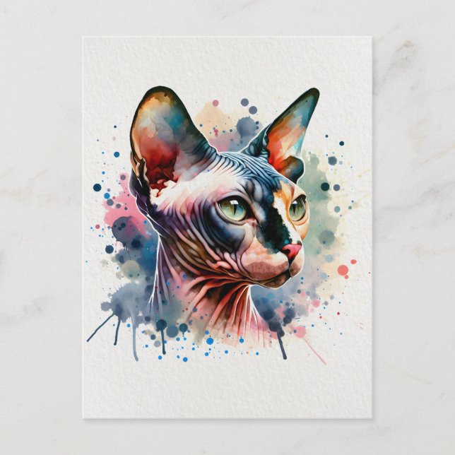 Wasserfarben-Sphynx-Katze Künstliches Portrait Postkarte (Vorderseite)
