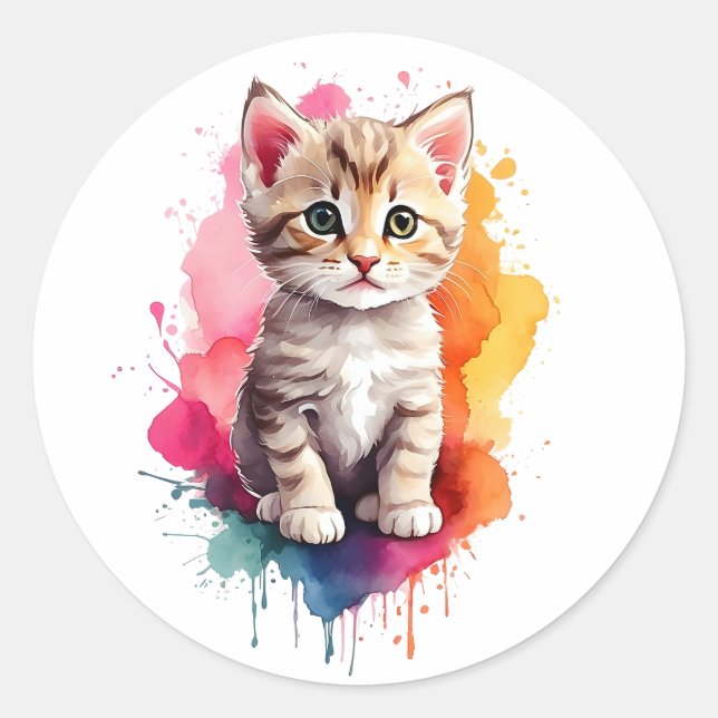 Wasserfarben Splash Art Kitchen Cat Spritzer Paint Runder Aufkleber (Vorderseite)