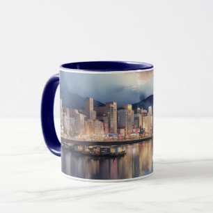Wasserfarben Stadt Nacht Blick Fluss und Fischerbo Tasse