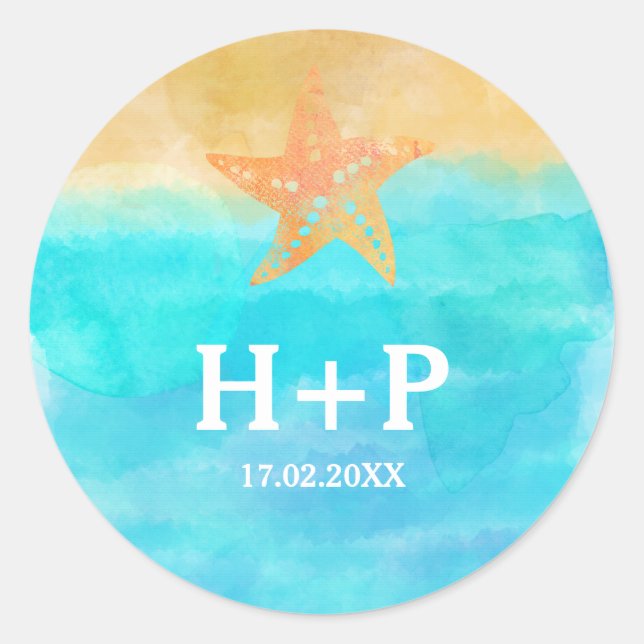 Wasserfarben Starfish Hochzeitstile Runder Aufkleber (Vorderseite)