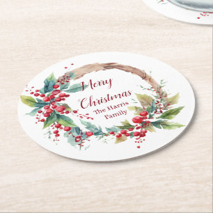 Wasserfarben-Stechpalmenkranz personalisiertes Wei Runder Pappuntersetzer