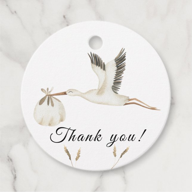 Wasserfarben-Storchenbaby-Dusche Danke Geschenkanhänger (Vorderseite)