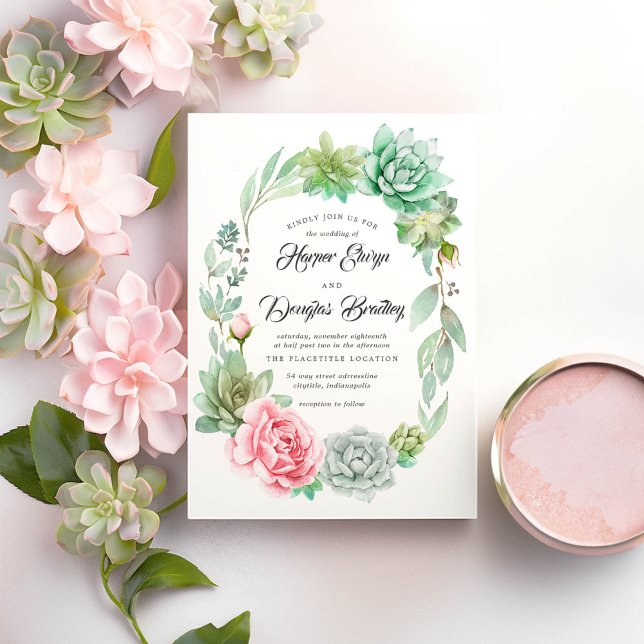 Wasserfarben Sukkulente Blütenblüte Rustikale Hoch Einladung (Pink Floral Succulents Wreath Wedding Invitations)