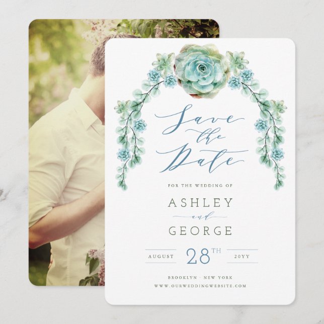 Wasserfarben-Sukkulenten Gartenhochzeit Save the D Einladung (Vorne/Hinten)