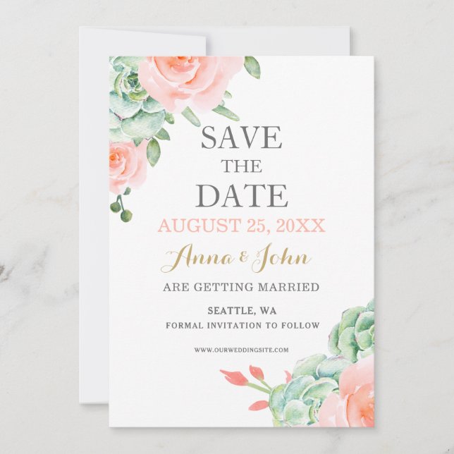 Wasserfarben Sukkulentes Blush Floral Elegante Hoc Save The Date (Vorderseite)