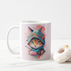 Wasserfarben Süße Kapuzen-Ninja-Katze Kaffeetasse