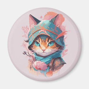 Wasserfarben Süße Kapuzen-Ninja-Katze Magnet