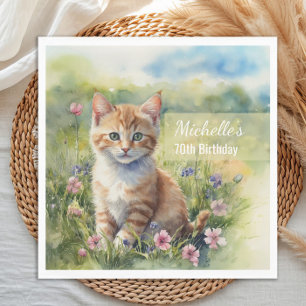 Wasserfarben-Tabby-Katze Haustier Wiese 70. Geburt Serviette