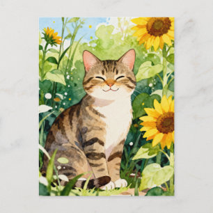 Wasserfarben-Tabby-Katze im Sonnenblumengarten Postkarte