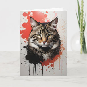 Wasserfarben-Tabby-Katze-Splatter-Art Rot und Schw Karte