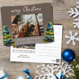 Wasserfarben-Tannenbaum Frohe Weihnachten Schrift