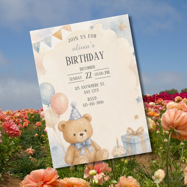 Wasserfarben-Teddybär-Geburtstag Einladung (Von Creator hochgeladen)