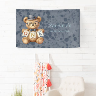 Wasserfarben-Teddybär mit EINEM Geburtstagsbanner Banner