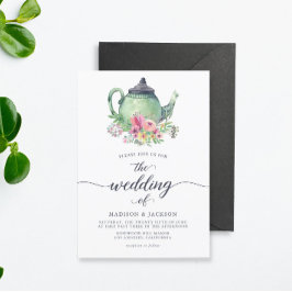 Wasserfarben-Teekanne und Blumenhochzeit Einladung