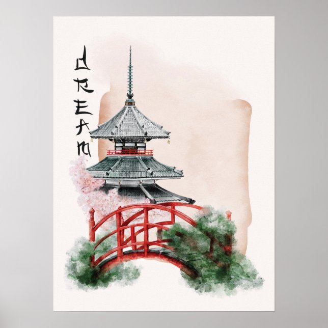 Wasserfarben Temple Red Bridge Japanische Kunst Poster (Vorne)