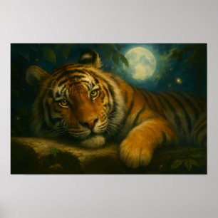 Wasserfarben-Tiger-Ruhen im Nachtwald Poster