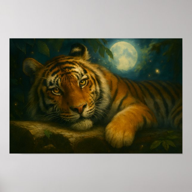 Wasserfarben-Tiger-Ruhen im Nachtwald Poster (Vorne)