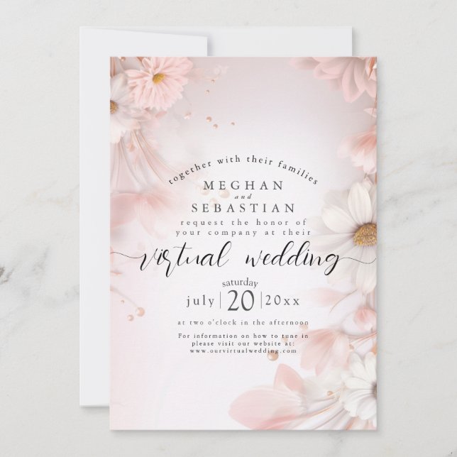 Wasserfarben-Traum: Blush Pink Daisies Virtual Wed Einladung (Vorderseite)