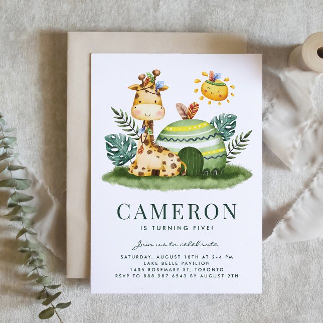Wasserfarben-Tribal Giraffe Safari Thema Geburtsta Einladung (Safari theme kids birthday invitation featuring watercolor giraffe and tribal accents. )