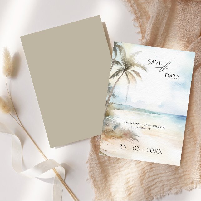 Wasserfarben Tropical Beach Palm Trees Wedding Save The Date (Watercolor Tropical Beach Palm Trees Wedding Save The Date Card)
