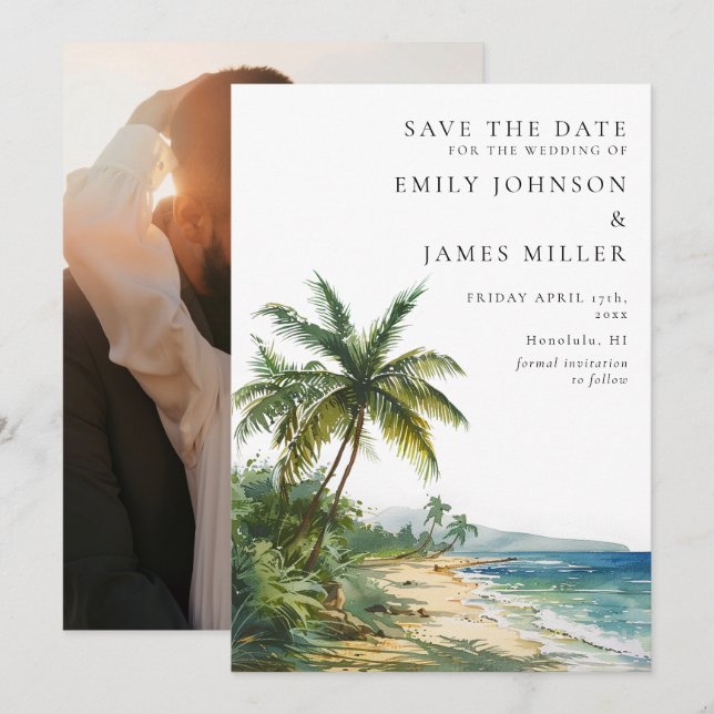 Wasserfarben Tropical Palm Beach Foto Hochzeit Save The Date (Vorne/Hinten)