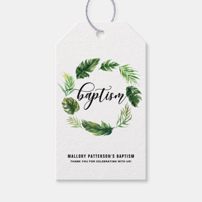 Wasserfarben Tropische Blätter Wreath Baptismarke Geschenkanhänger (Vorderseite)