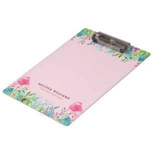 Wasserfarben Tropische Blume und rosa Flamingos Klemmbrett