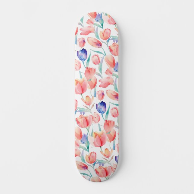 Wasserfarben-Tulips-Muster-Skateboard Skateboard (Vorderseite)