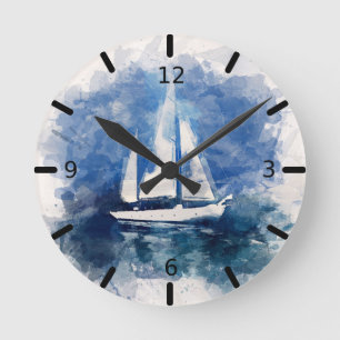 Wasserfarben-Uhr für Segelboote Runde Wanduhr
