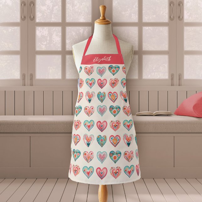 Wasserfarben-Valentinstag-Herzen-Muster-Kochen Schürze (A cute watercolor hearts pattern valentines day apron. Personalize it with your name.)