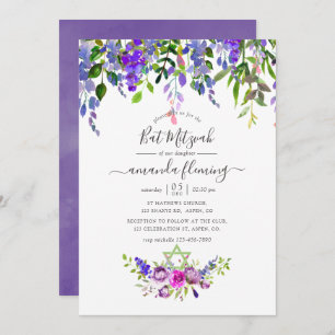 Wasserfarben Violett Floral Bat Mitzvah Einladung