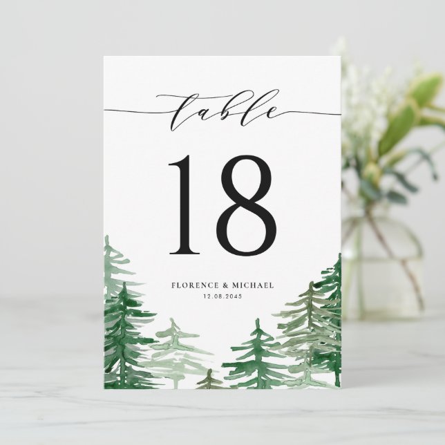 Wasserfarben-Wald-Hochzeit-Tischnummer (Stehend Vorderseite)