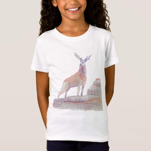 Wasserfarben Wald Land Art Rotes Hirsch T-Shirt (Vorderseite)