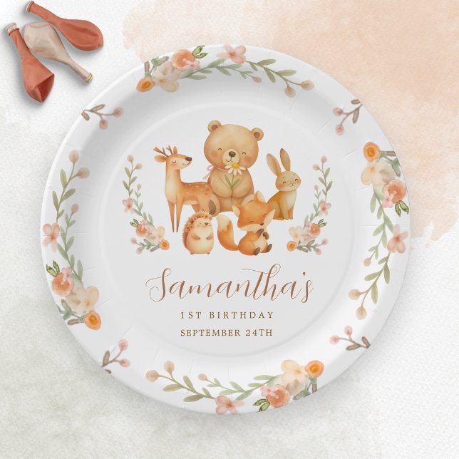 Wasserfarben-Waldtiere 1. Geburtstag  Pappteller (Watercolor Woodland Animals 1st Birthday Paper Plates)