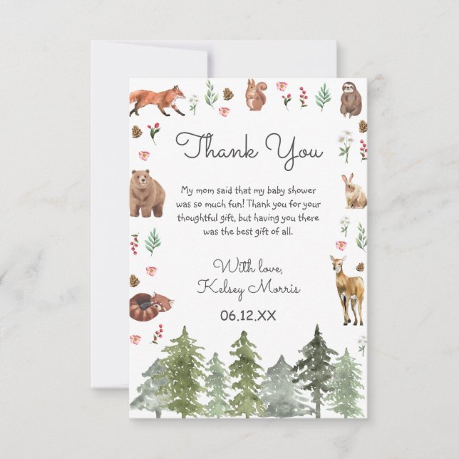 Wasserfarben-Waldtiere Kinderdusche Dankeskarte (Vorderseite)