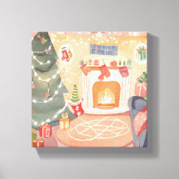 Wasserfarben-Weihnachts-Kamin Leinwanddruck