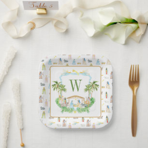 Wasserfarben-Weihnachts-Nativitäts-Monogramm-Wappe Pappteller